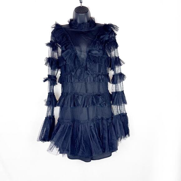 ALICE MCCALL Zen Black Ruffle Tiered Tulle Mesh Long Sleeve Mini Dress US 10 - Picture 3 of 8